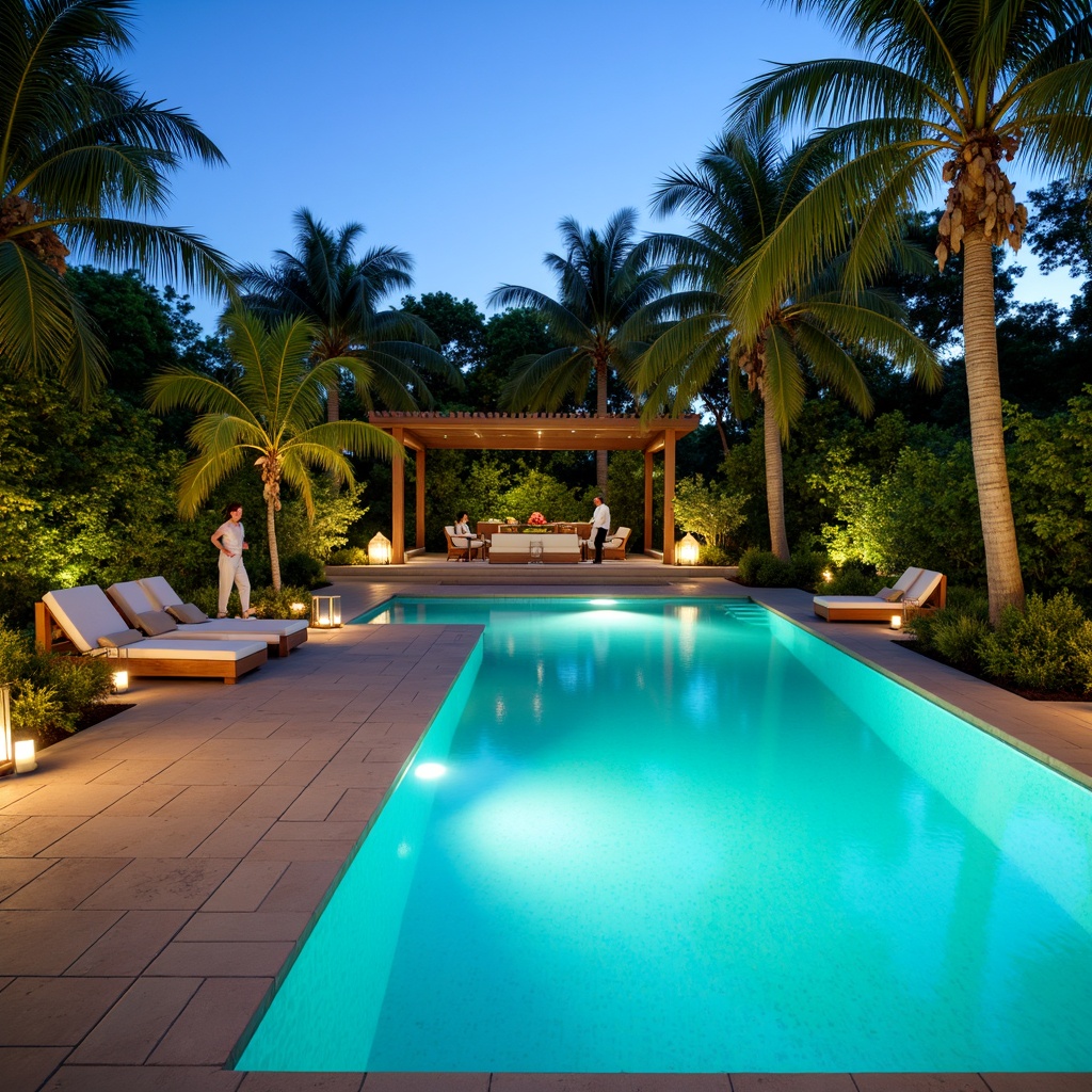 Prompt: Vibrant turquoise pool water, sleek modern pool shape, sun-kissed decking, warm beige coping stones, lush greenery surroundings, palm trees, tropical flowers, refreshing misting system, LED lighting, evening ambiance, 1/2 composition, shallow depth of field, realistic water textures.