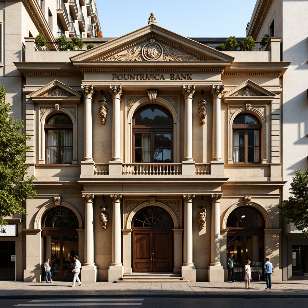 Prompt: Grandiose bank facade, ornate stone carvings, rusticated base, arched windows, Corinthian columns, decorative pilasters, classical entablature, intricate moldings, gilded details, symmetrical composition, warm golden lighting, shallow depth of field, 1/1 aspect ratio, realistic textures, ambient occlusion, Renaissance-inspired ornateness, majestic entrance, imposing scale, urban cityscape, busy street activity, morning sunlight, subtle shadows.