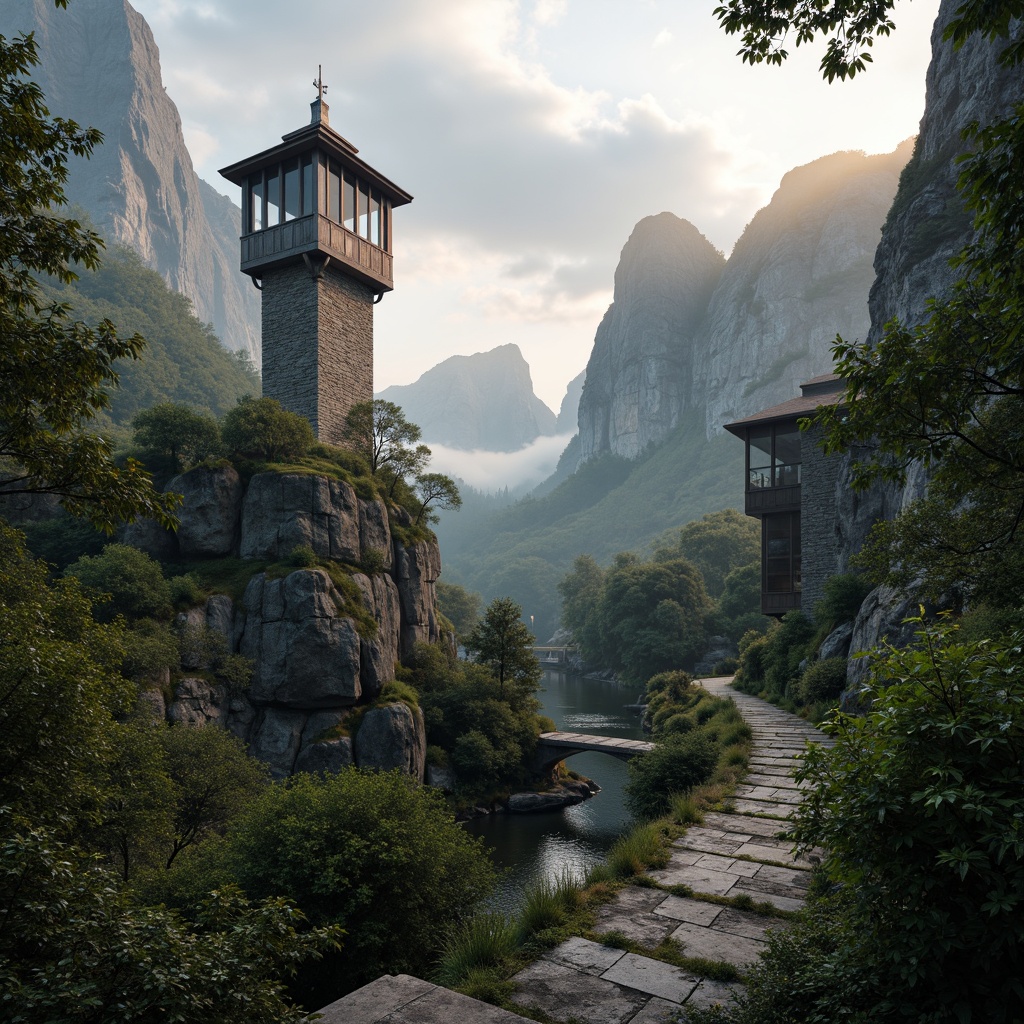 Prompt: Majestic watching towers, rugged mountain ranges, serene misty valleys, winding stone pathways, verdant forests, ancient trees, moss-covered rocks, weathered wooden bridges, rustic stonework, dramatic lighting, low-lying fog, atmospheric perspective, 1/2 composition, warm golden hour, soft diffused light, realistic rock textures, ambient occlusion.