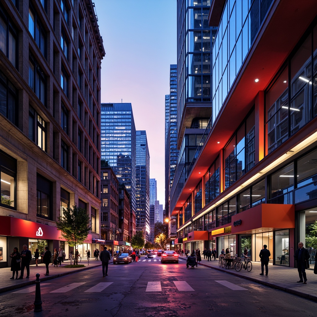 Prompt: Vibrant urban landscape, bold color blocking, contrasting textures, modern architecture, glass facades, steel structures, futuristic skyscrapers, neon lights, warm atmospheric glow, shallow depth of field, 1/1 composition, realistic reflections, ambient occlusion, monochromatic color scheme, analogous harmony, triadic contrast, split-complementary palette, architectural visualizations, interior design inspirations.