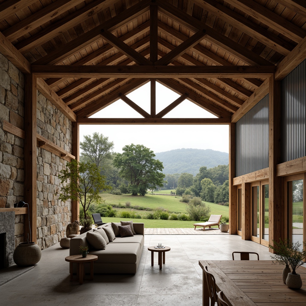 Prompt: Rustic barn, exposed wooden beams, rough-hewn stone walls, corrugated metal roofs, reclaimed wood accents, industrial steel frames, earthy color palette, natural textures, minimalist decor, functional simplicity, rural landscape, rolling hills, verdant pastures, overcast sky, soft diffused light, shallow depth of field, 2/3 composition, realistic materials, ambient occlusion.