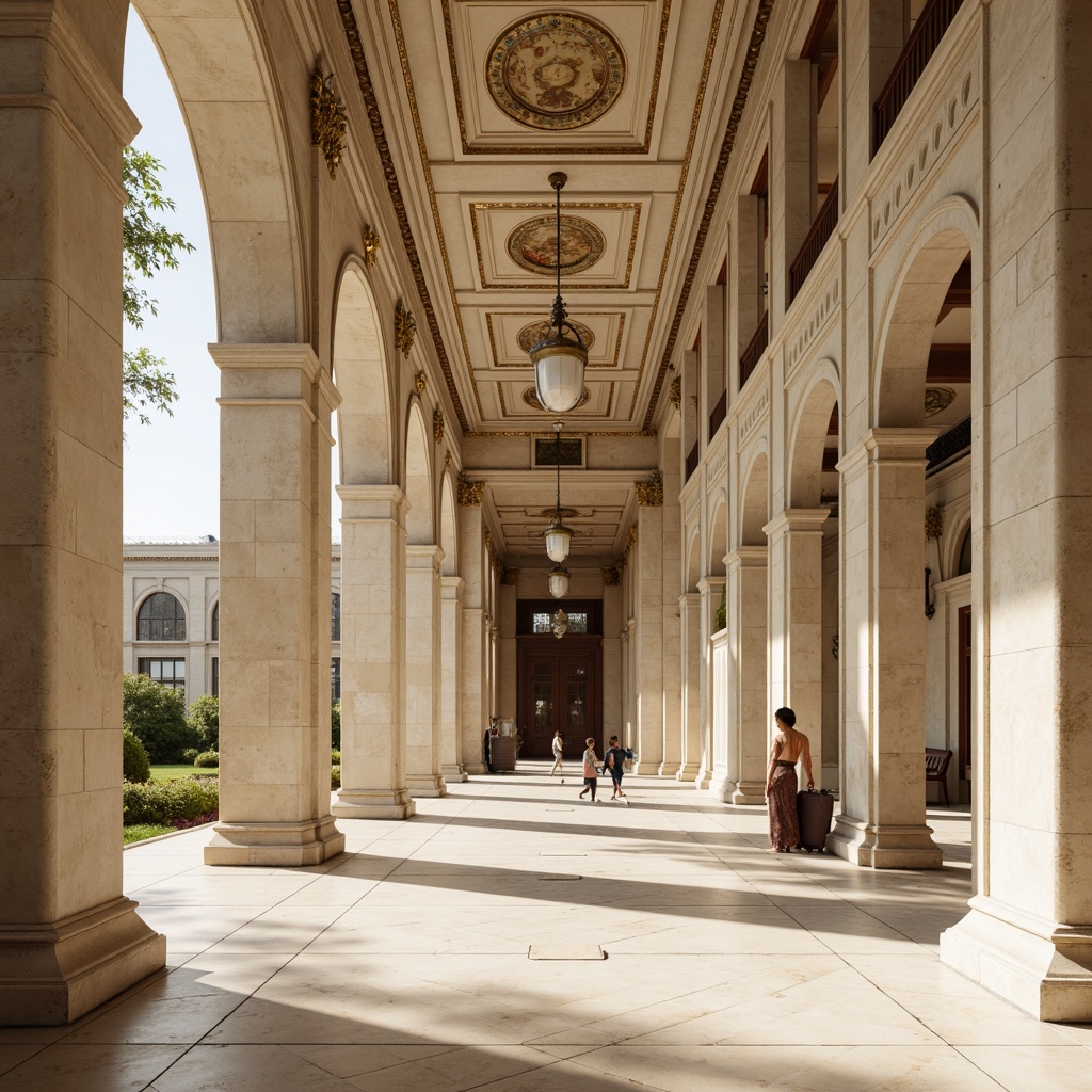 Prompt: Grandiose columns, ornate capitals, symmetrical facade, rusticated stone walls, arched windows, classical pediments, ornamental moldings, subtle color palette, creamy marble floors, intricate fresco ceilings, harmonious proportions, balanced compositions, strong vertical lines, elegant pilasters, refined detailing, sophisticated ornamentation, serene natural light, soft warm ambiance, 3/4 composition, shallow depth of field, realistic textures.