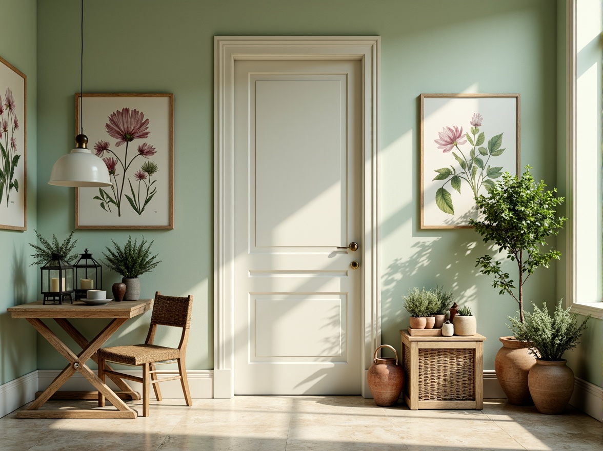 Prompt: Soft pale green walls, creamy white trim, warm beige floors, natural wood accents, botanical prints, vintage metal lanterns, distressed wooden furniture, earthy terracotta pots, lush greenery, delicate florals, subtle texture overlays, realistic ambient lighting, shallow depth of field, 3/4 composition, panoramic view.