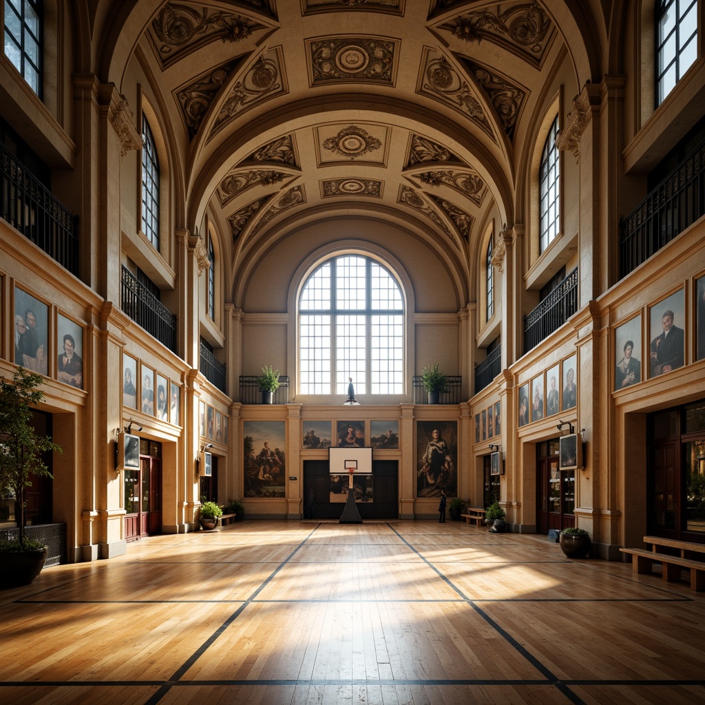 Prompt: Renaissance gymnasium, grand arched entrance, ornate stone carvings, classical columns, vaulted ceilings, large windows, natural light, polished wooden floors, athletic equipment, basketball hoops, tennis nets, rows of benches, educational murals, historic architecture, symmetrical composition, shallow depth of field, 1/1 aspect ratio, warm soft lighting, realistic textures.