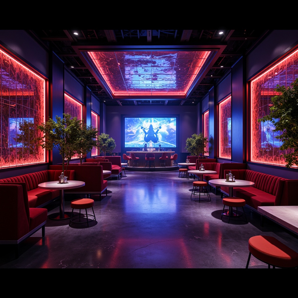 Prompt: Luxurious nightclub interior, dark tones, neon lights, metallic accents, glossy epoxy resin floors, sleek LED light installations, mirrored ceilings, plush velvet sofas, chrome-plated metal trim, glass-topped tables, ambient DJ booth, vibrant color-changing lights, fog machines, strobe lights, high-gloss acrylic walls, durable polyurethane coatings, scratch-resistant laminate surfaces, rich wood veneers, sophisticated sound systems, energetic atmosphere, dramatic spotlights, low-lying mist effects, 1/2 composition, cinematic lighting, realistic reflections.