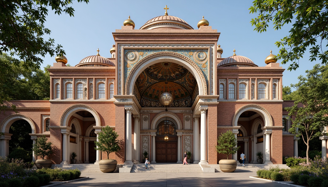 Prompt: Ornate Byzantine church facade, intricate stone carvings, gilded mosaics, ornamental arches, grand entranceways, marble columns, vibrant frescoes, patterned brickwork, decorative cornices, domed roofs, golden accents, warm natural lighting, shallow depth of field, 1/1 composition, detailed textures, ambient occlusion.