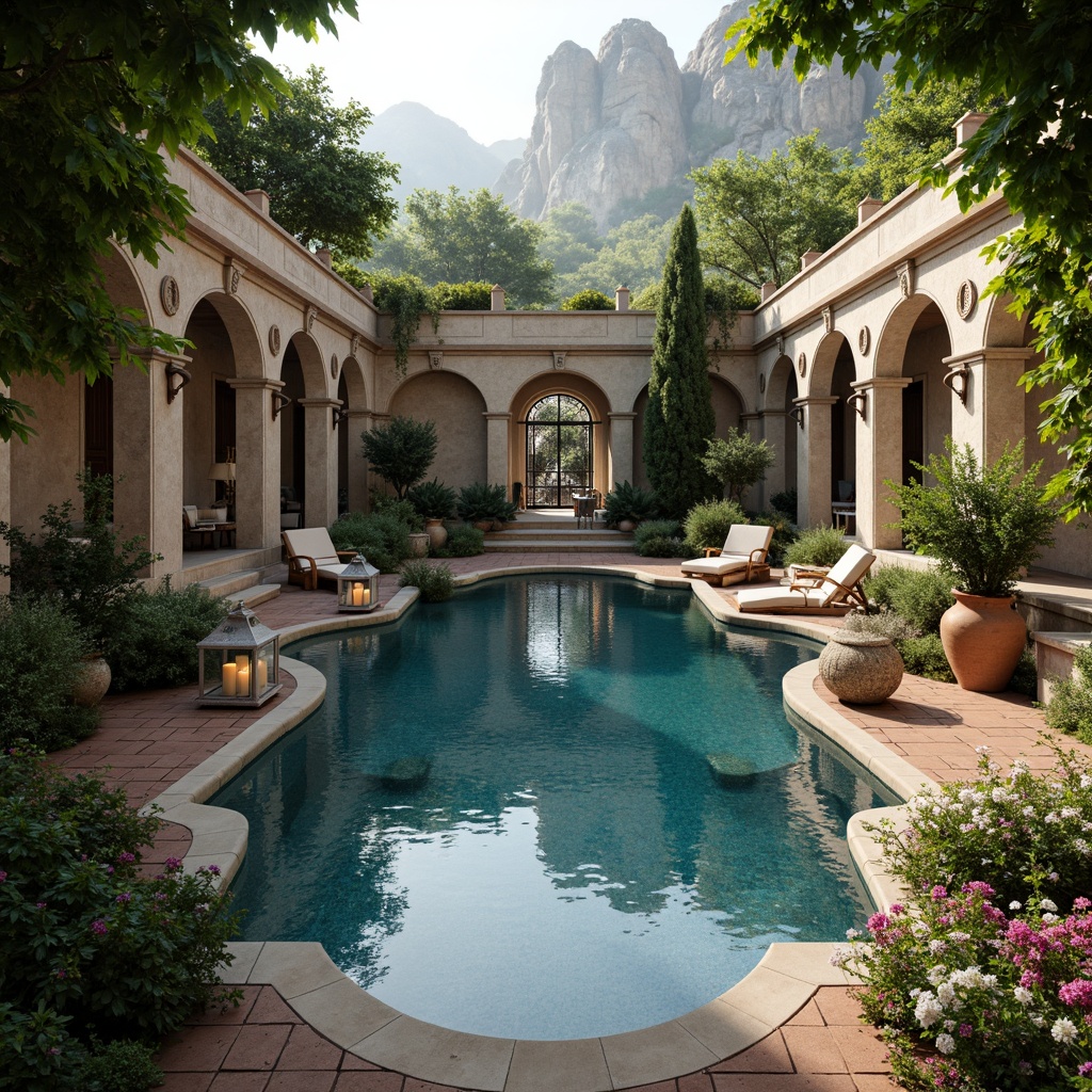 Prompt: Renaissance-style swimming pool, ornate stone carvings, grandiose fountains, lush greenery, blooming flowers, natural rock formations, rustic wooden decking, terra cotta pots, vintage lanterns, soft warm lighting, morning mist, serene atmosphere, 1/1 composition, symmetrical layout, shallow depth of field, realistic water reflections, ambient occlusion, ornate iron gates, intricately patterned tiles, majestic statues, secluded alcoves, tranquil water features.