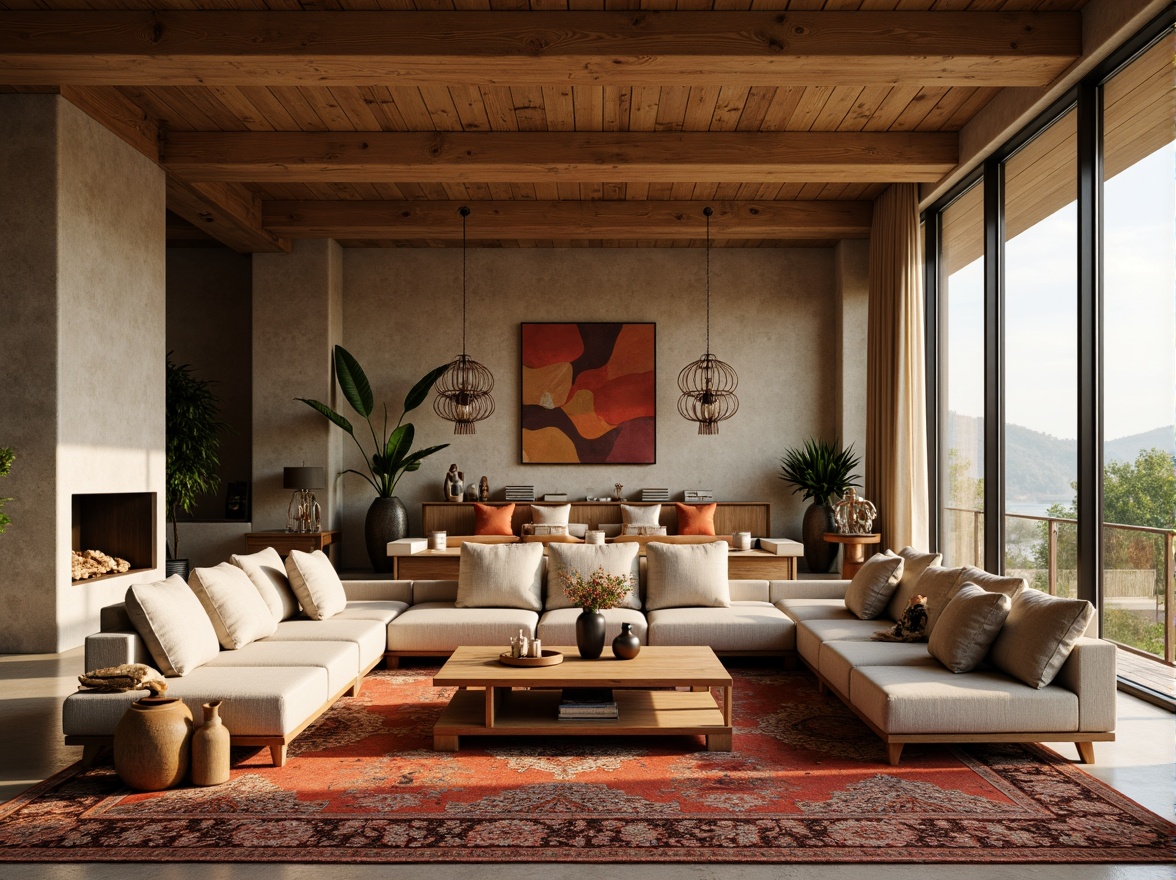 Prompt: Cozy living room, warm earthy tones, plush sofas, wooden coffee tables, soft cushions, vibrant rugs, floor-to-ceiling windows, natural light pouring in, modern minimalist decor, elegant chandeliers, textured walls, luxurious fabrics, comfortable seating areas, intimate ambiance, warm beige colors, subtle patterns, inviting atmosphere, 1/1 composition, shallow depth of field, realistic textures.