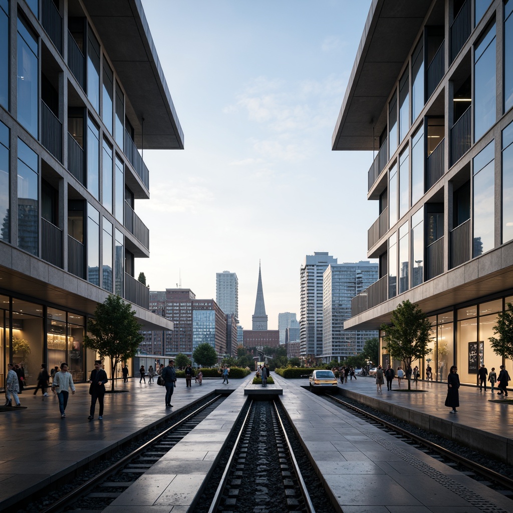 Prompt: Modern train station, sleek glass facades, cantilevered roofs, minimalist columns, open floor plans, high ceilings, industrial materials, steel beams, concrete floors, geometric shapes, urban landscape, busy streets, city skyline, rush hour atmosphere, soft natural lighting, shallow depth of field, 1/2 composition, symmetrical view, realistic reflections, ambient occlusion.