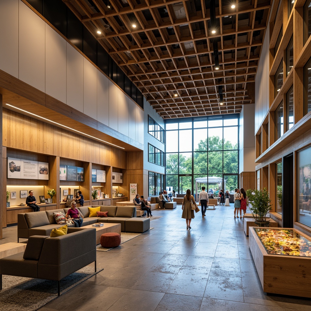 Prompt: \Modern visitor center interior, open-plan layout, natural stone flooring, wooden accents, minimalist decor, informative displays, interactive exhibits, comfortable seating areas, warm ambient lighting, large windows, outdoor views, educational signage, digital screens, rustic wood beams, eco-friendly materials, sustainable design, functional furniture, flexible layouts, vibrant color schemes, dynamic spatial flow, 1/2 composition, softbox lighting, realistic textures.\