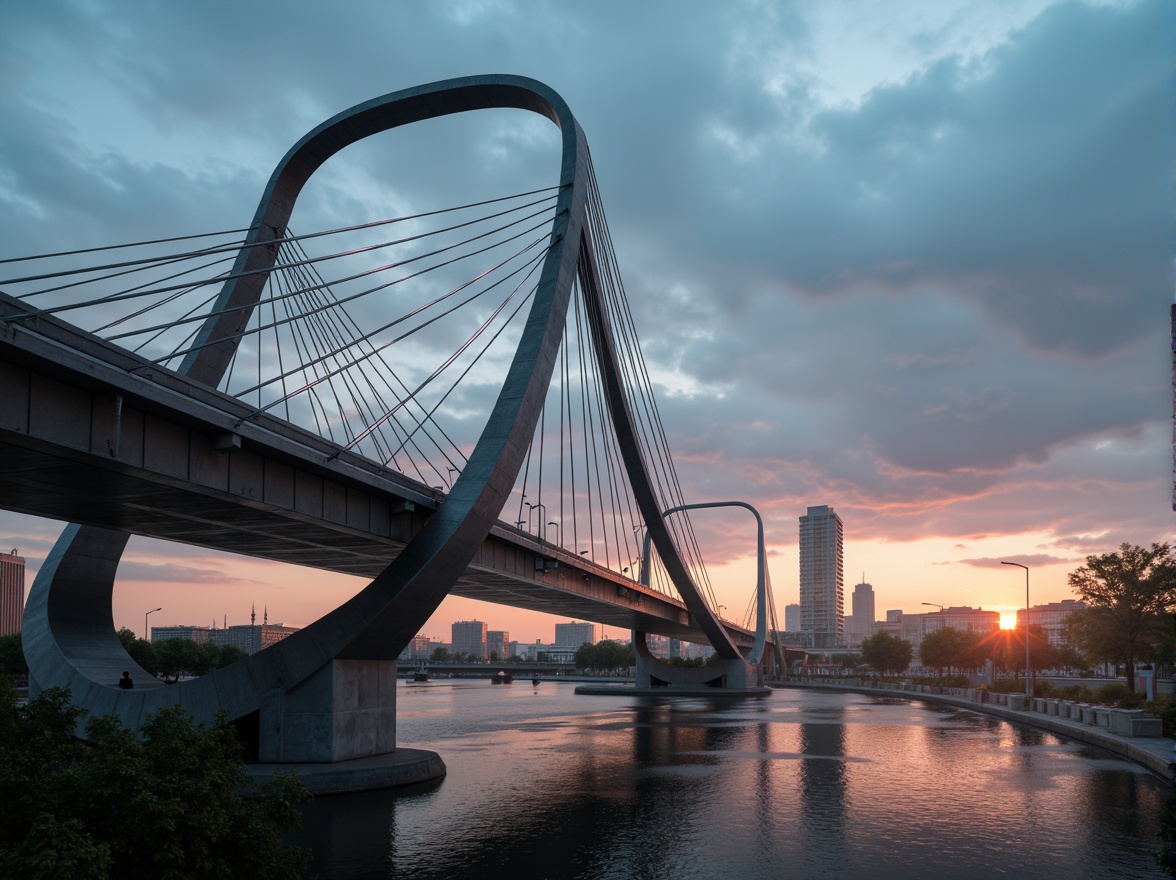 Prompt: Futuristic vehicular bridge, sleek metallic arches, suspension cables, LED lighting strips, misty atmospheric effects, dramatic sunset, shallow water reflections, urban cityscape, modern architecture, cantilevered sections, asymmetrical design, kinetic movement, dynamic structural systems, advanced materials science, carbon fiber reinforcement, aerodynamic forms, wind tunnel testing, optimized load distribution, safety railings, pedestrian walkways, vehicle traffic flow, 1/1 composition, high-contrast lighting, realistic metallic textures, ambient occlusion.