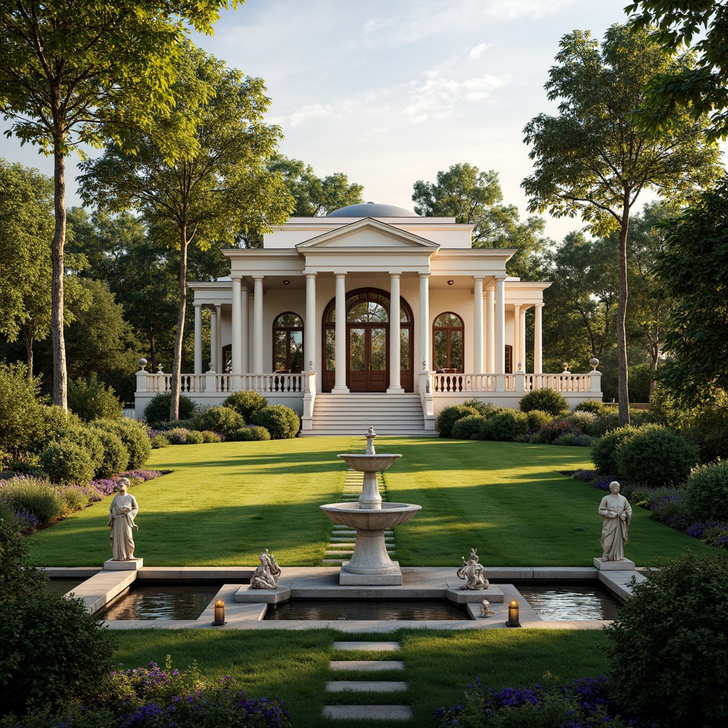 Prompt: Elegant neoclassical villa, harmonious landscape integration, lush green lawns, ornate fountains, symmetrical gardens, majestic stone columns, intricately carved balustrades, refined statues, tranquil ponds, walking paths, scenic vistas, warm golden lighting, soft focus, 1/1 composition, classic architectural details, rustic natural textures, subtle ambient occlusion.