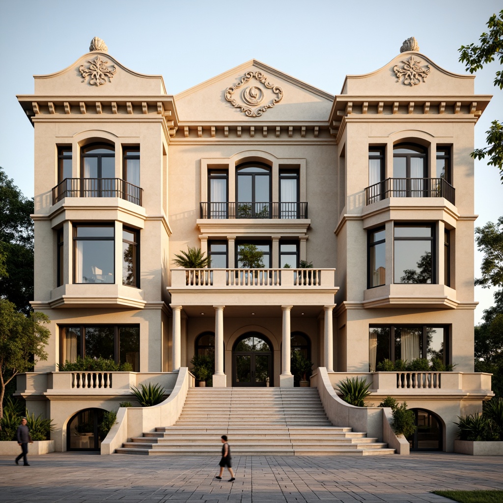 Prompt: Grandiose youth center facade, ornate classical details, symmetrical architecture, majestic columns, rusticated stone walls, arched windows, ornamental balustrades, elegant moldings, refined stucco finishes, warm beige color scheme, subtle texture variations, soft natural lighting, shallow depth of field, 1/1 composition, harmonious proportions, realistic renderings, ambient occlusion.