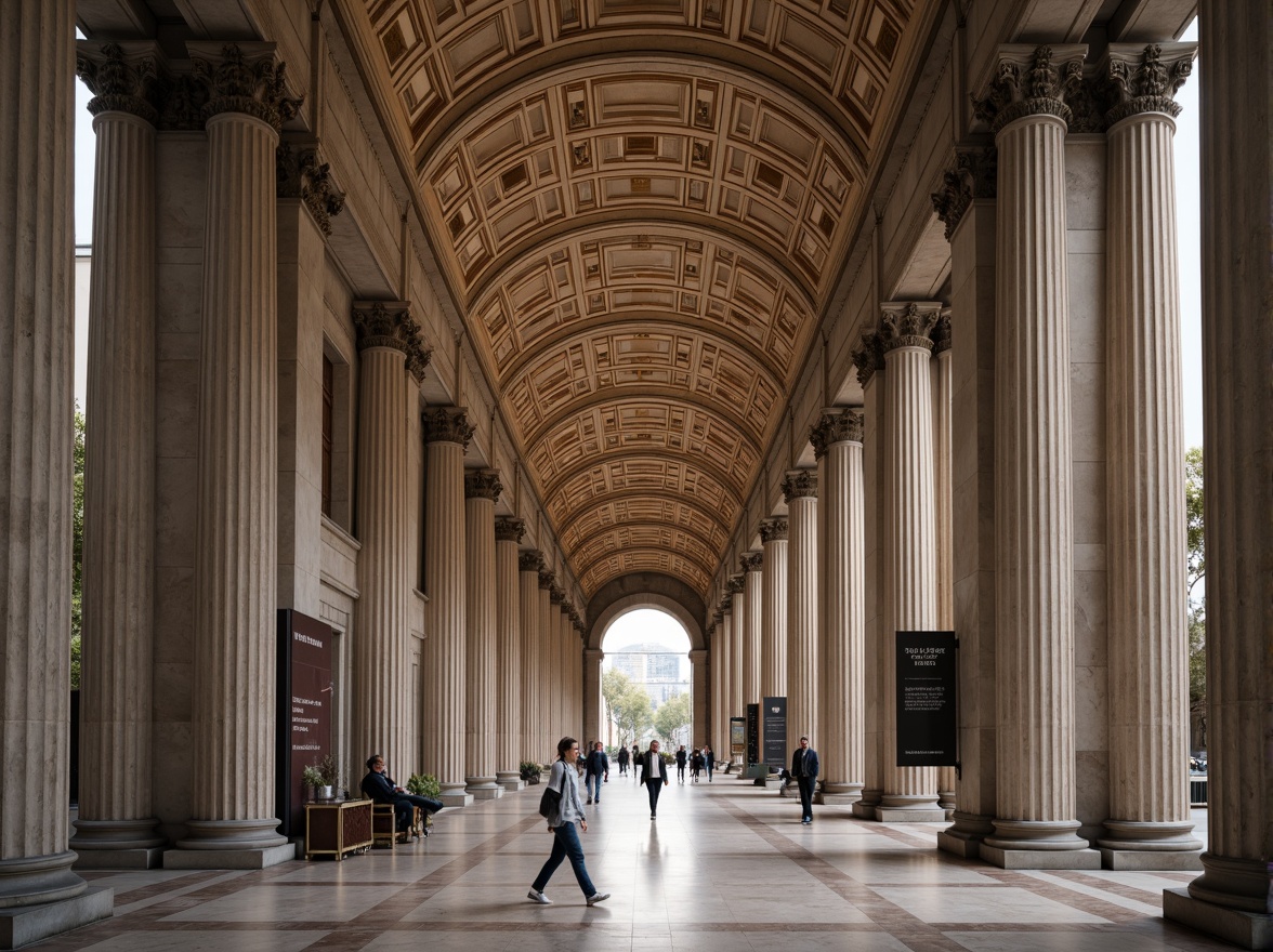 Prompt: Grand museum entrance, neoclassical columns, ornate capitals, marble flooring, elegant archways, vaulted ceilings, intricate moldings, ornamental pediments, imposing stone fa\u00e7ade, symmetrical composition, central axis alignment, subtle lighting effects, soft warm glow, shallow depth of field, 1/1 composition, realistic textures, ambient occlusion.