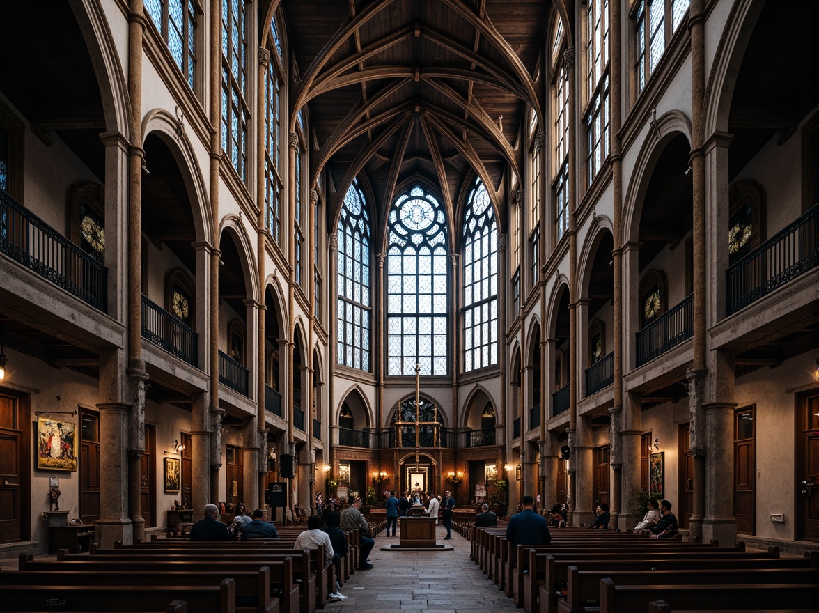 Prompt: Elegant Gothic cathedral, stunning stained glass windows, ornate stone carvings, intricate tracery, pointed arches, ribbed vaults, flying buttresses, grand rose windows, majestic nave, solemn atmosphere, soft diffused lighting, dramatic shadows, high contrast ratio, 1/1 composition, symmetrical framing, realistic reflections, ambient occlusion.