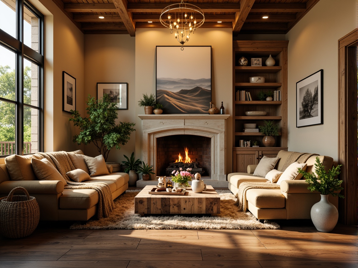 Prompt: Cozy living room, warm beige walls, plush velvet sofa, chunky throw blankets, rustic wooden coffee table, soft golden lighting, comfortable seating area, natural stone fireplace, rich wood flooring, elegant modern chandelier, lush greenery, vibrant flowers, relaxing ambiance, calming color palette, inviting atmosphere, 1/1 composition, shallow depth of field, warm glow, realistic textures.