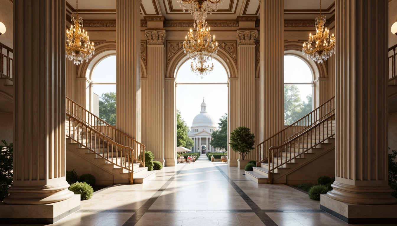 Prompt: Elegant neoclassical facade, ornate columns, symmetrical architecture, grand entrance, sweeping staircases, high ceilings, large windows, crystal chandeliers, marble floors, luxurious interior design, abundant natural light, soft warm illumination, shallow depth of field, 1/1 composition, subtle color palette, realistic textures, ambient occlusion.