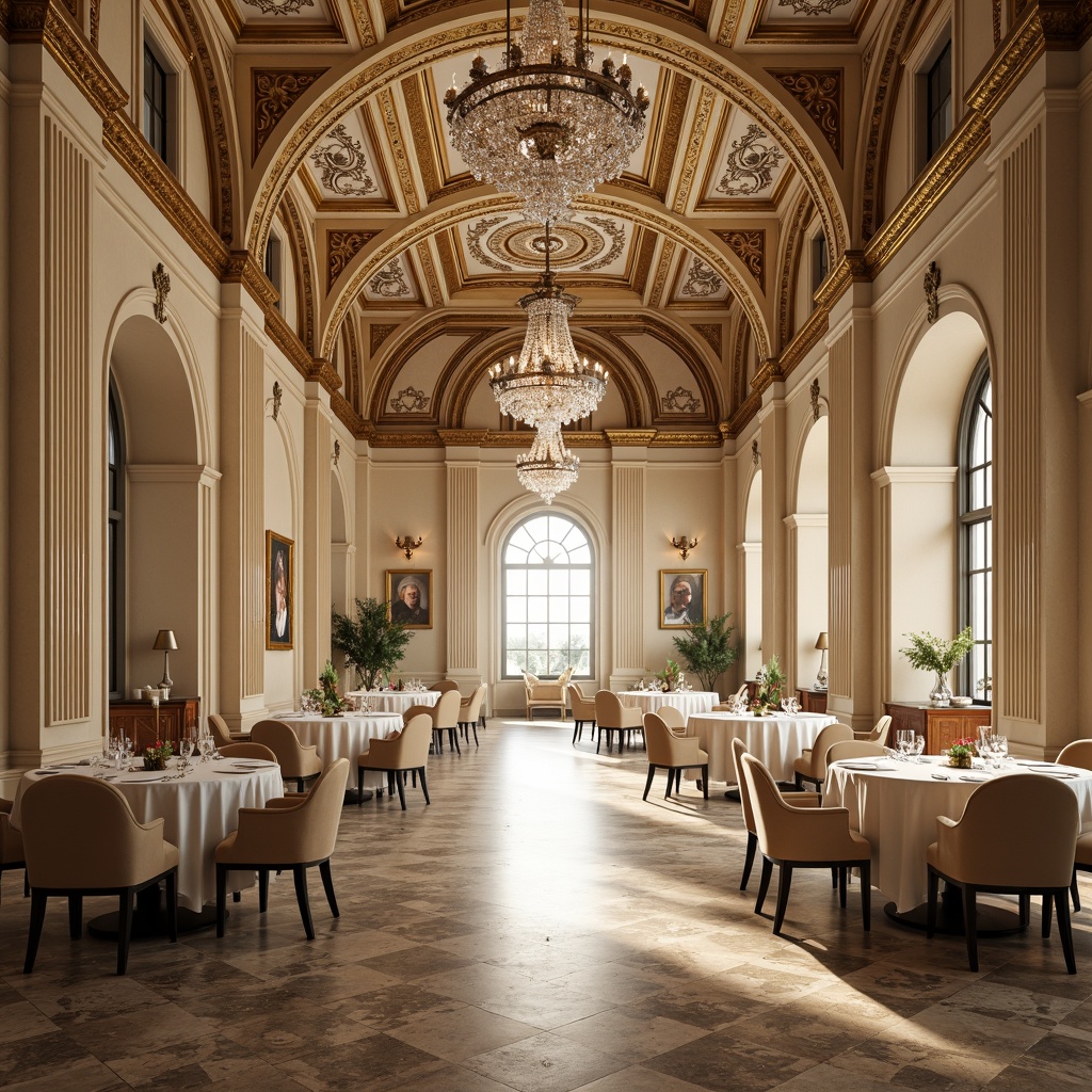 Prompt: Elegant neoclassical dining hall, high ceiling, crystal chandelier, ornate moldings, luxurious furnishings, rich wood tones, cream-colored walls, large windows, natural light pouring in, soft warm glow, subtle shadows, refined atmosphere, sophisticated decor, delicate patterns, intricate carvings, polished marble floors, majestic columns, stately proportions, harmonious balance, 1/1 composition, realistic textures, ambient occlusion.