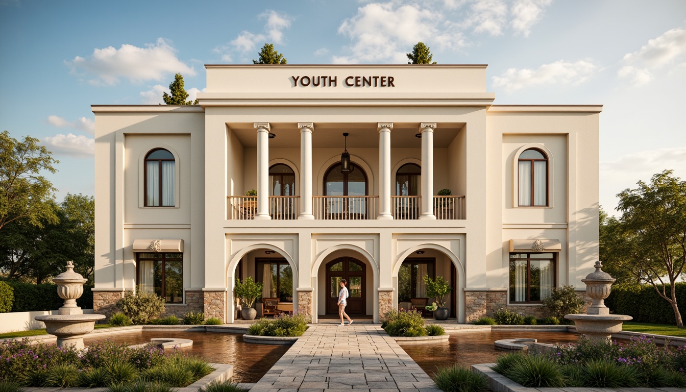 Prompt: Elegant youth center facade, neoclassical columns, ornate moldings, grand entrance, symmetrical architecture, subtle arches, soft cream-colored walls, rustic stone foundations, manicured lawns, vibrant flower beds, sculpted fountains, decorative lanterns, intricate ironwork, warm golden lighting, shallow depth of field, 1/1 composition, realistic textures, ambient occlusion.