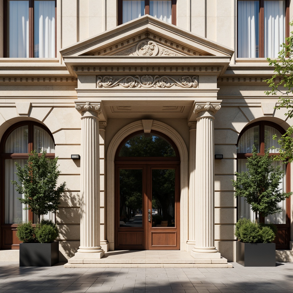 Prompt: Elegant neoclassical facade, symmetrical composition, ornate details, balanced proportions, grand entrance, ionic columns, carved stone decorations, arched windows, rusticated walls, subtle color palette, natural light, soft shadows, refined textures, ambient occlusion, 1/2 composition, medium shot, realistic rendering.