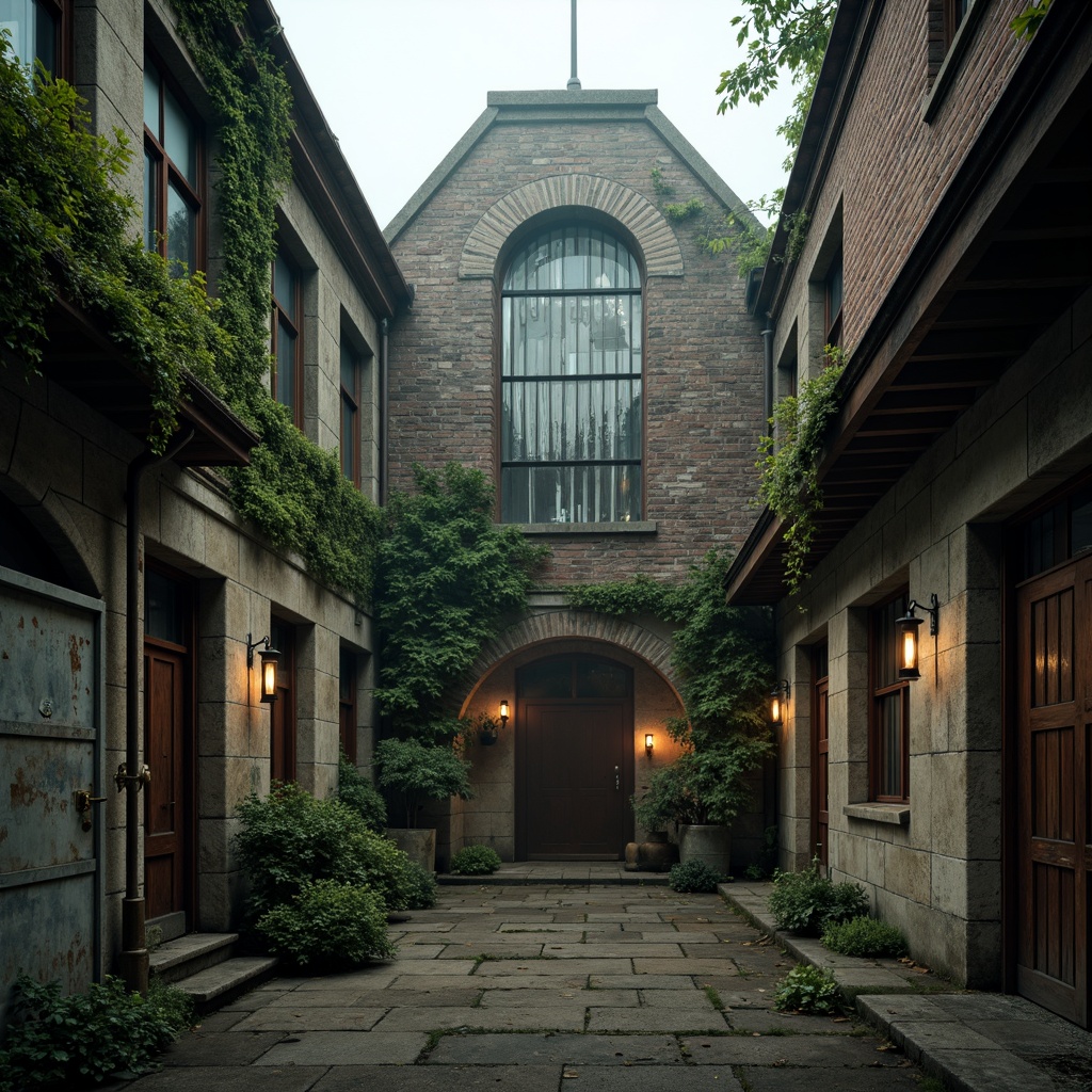 Prompt: Rustic warehouse gothic building, overgrown ivy walls, crumbling stone fa\u00e7ade, moss-covered roofs, distressed wooden doors, industrial metal windows, faded brick exteriors, neglected alleys, abandoned containers, urban decay atmosphere, soft diffused lighting, cinematic composition, low-angle shot, warm color palette, textured stonework, vintage lanterns, aged copper accents, mystical foggy morning, eerie silence.