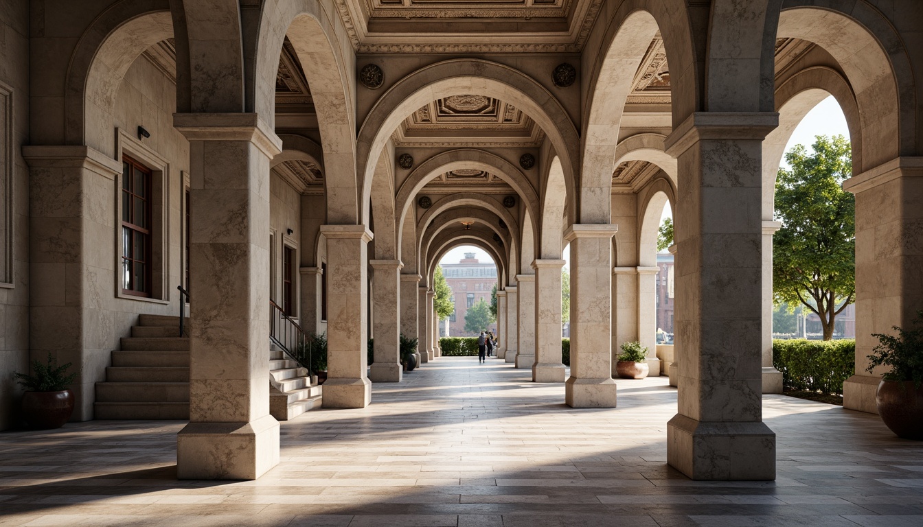 Prompt: Grandiose columns, ornate capitals, symmetrical facades, grand entranceways, sweeping staircases, intricately carved moldings, richly patterned marble floors, high ceilings, ornamental cornices, majestic arches, rusticated bases, classical pediments, imposing stone structures, subtle color palette, soft natural lighting, shallow depth of field, 2/3 composition, detailed textures, ambient occlusion.