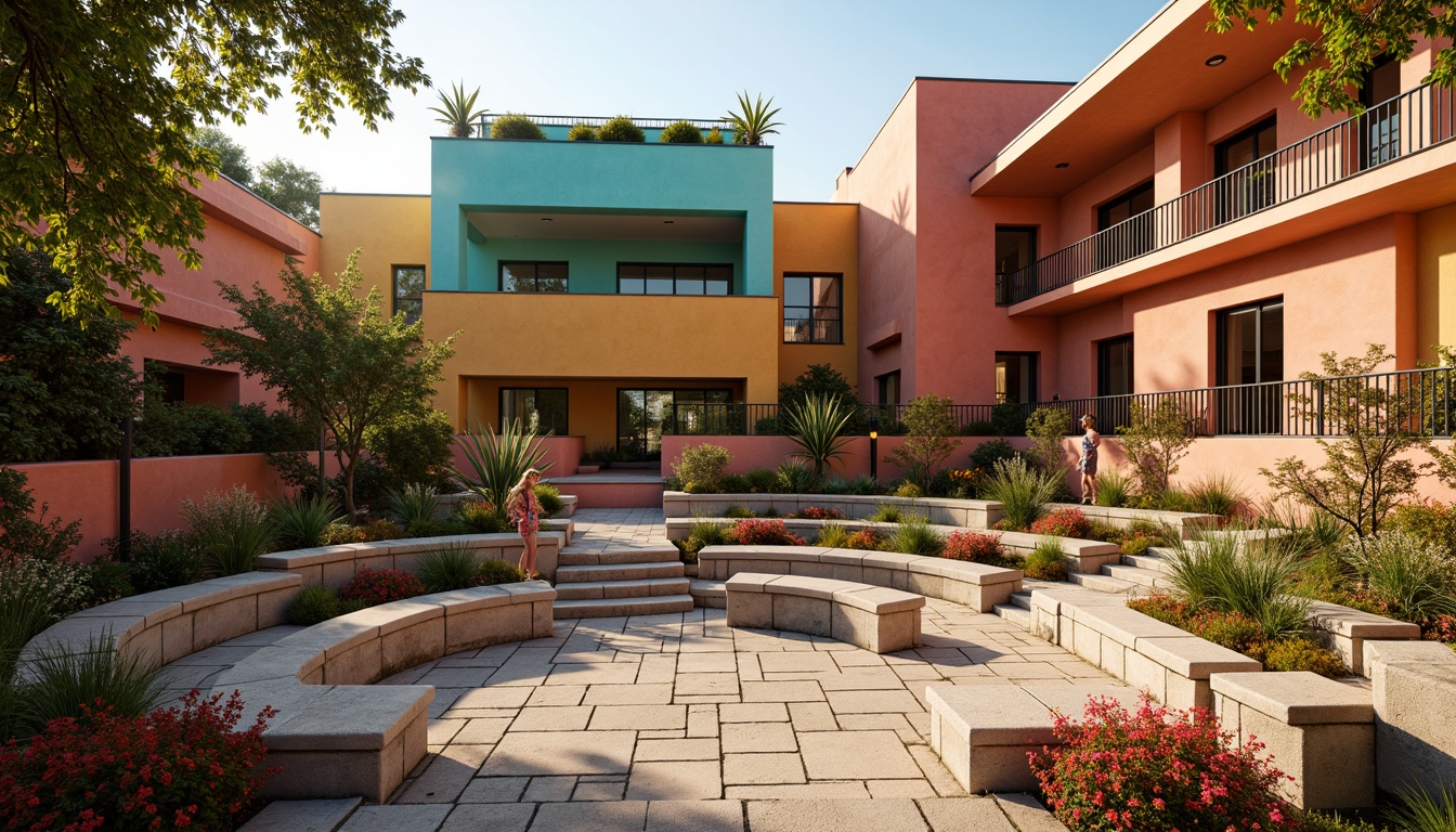 Prompt: Vibrant amphitheater, eclectic style, bold color palette, warm terracotta tones, rich turquoise accents, soft golden lighting, natural stone seating, lush greenery surroundings, blooming flowers, sunny day, shallow depth of field, 3/4 composition, panoramic view, realistic textures, ambient occlusion.