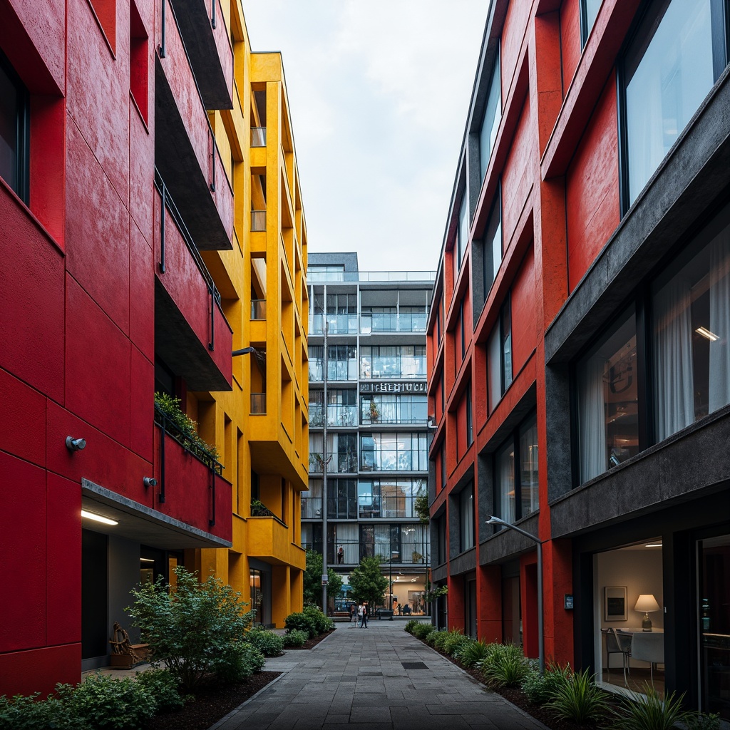 Prompt: Vibrant industrial buildings, bold geometric shapes, primary color accents, metallic materials, exposed ductwork, urban cityscape, overcast sky, dramatic shadows, high-contrast lighting, abstract compositions, fragmented forms, overlapping planes, dynamic diagonals, 2/3 composition, low-angle photography, gritty textures, ambient occlusion.