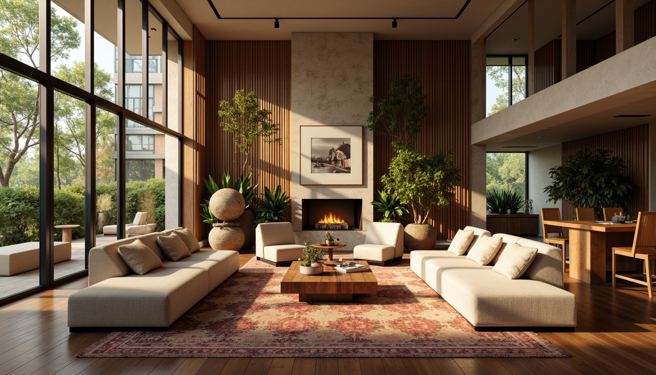 Prompt: Cozy living room, plush sofas, warm wood accents, soft golden lighting, textured rugs, vibrant artwork, elegant coffee tables, lush greenery, floor-to-ceiling windows, natural stone fireplaces, modern minimalist decor, calming color palette, comfortable seating areas, intimate atmosphere, shallow depth of field, 1/1 composition, realistic textures, ambient occlusion.