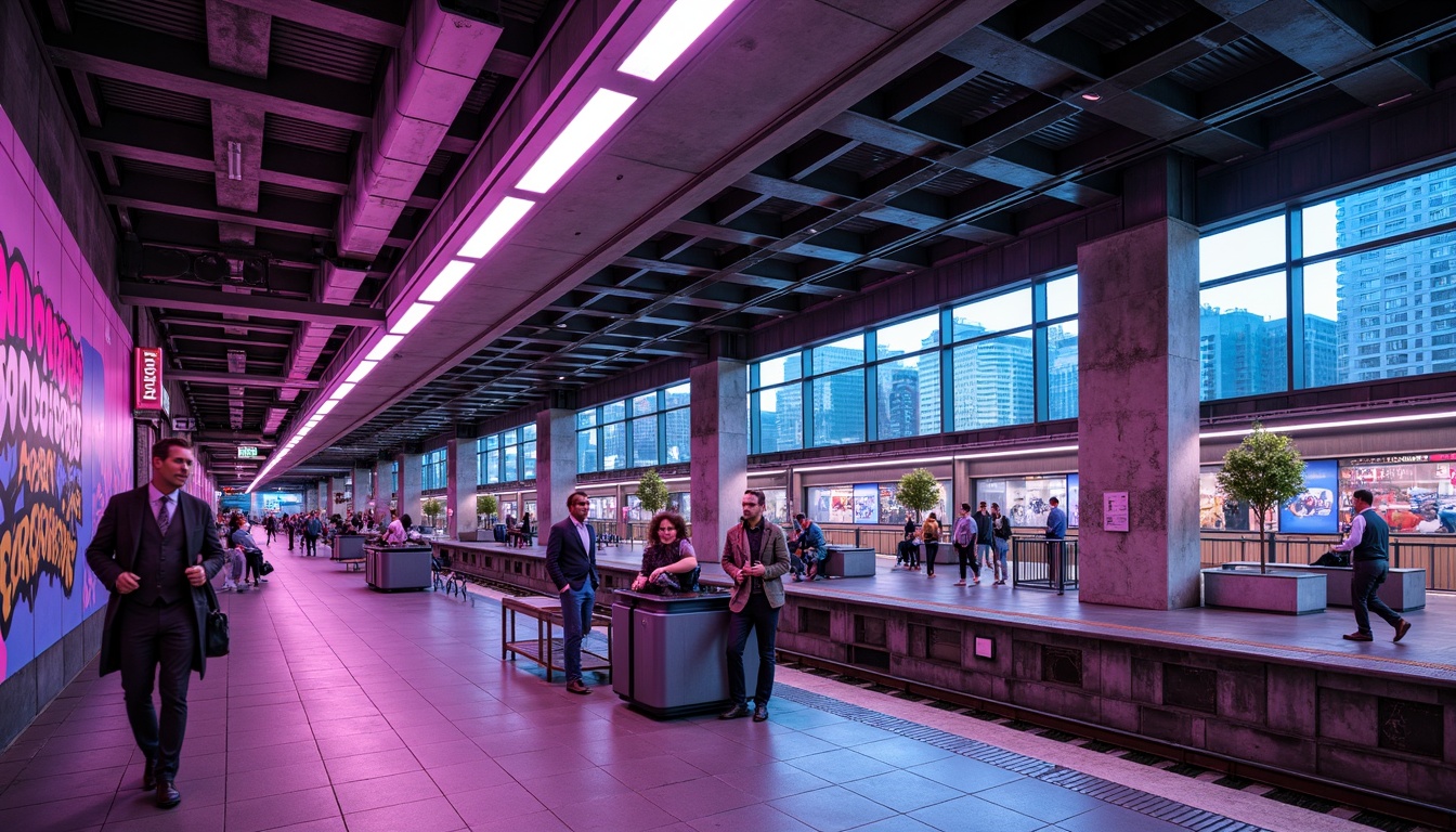 Prompt: Vibrant metro station, urban architecture, modern design, bold color scheme, bright neon lights, sleek metal surfaces, industrial materials, exposed ductwork, concrete columns, urban graffiti, bustling crowd, rush hour atmosphere, dynamic lighting effects, futuristic ambiance, high-tech infrastructure, efficient navigation systems, intuitive signage, safety features, accessibility ramps, comfortable seating areas, calming color tones, natural stone accents, greenery installations, airy open spaces, spacious platforms.