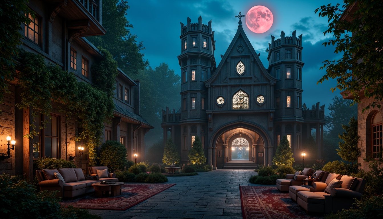 Prompt: Dark mysterious castle, ominous fog, crumbling stone walls, ivy-covered towers, grandiose stained glass windows, ornate wooden furniture, velvet drapes, mystical candles, eerie lanterns, midnight blue skies, blood red moon, misty atmosphere, warm golden lighting, dramatic shadows, ancient artifacts, mysterious relics, worn leather-bound books, mystical symbols, intricate carvings, haunting melodies, abandoned chambers, secret passages, mysterious doorways.