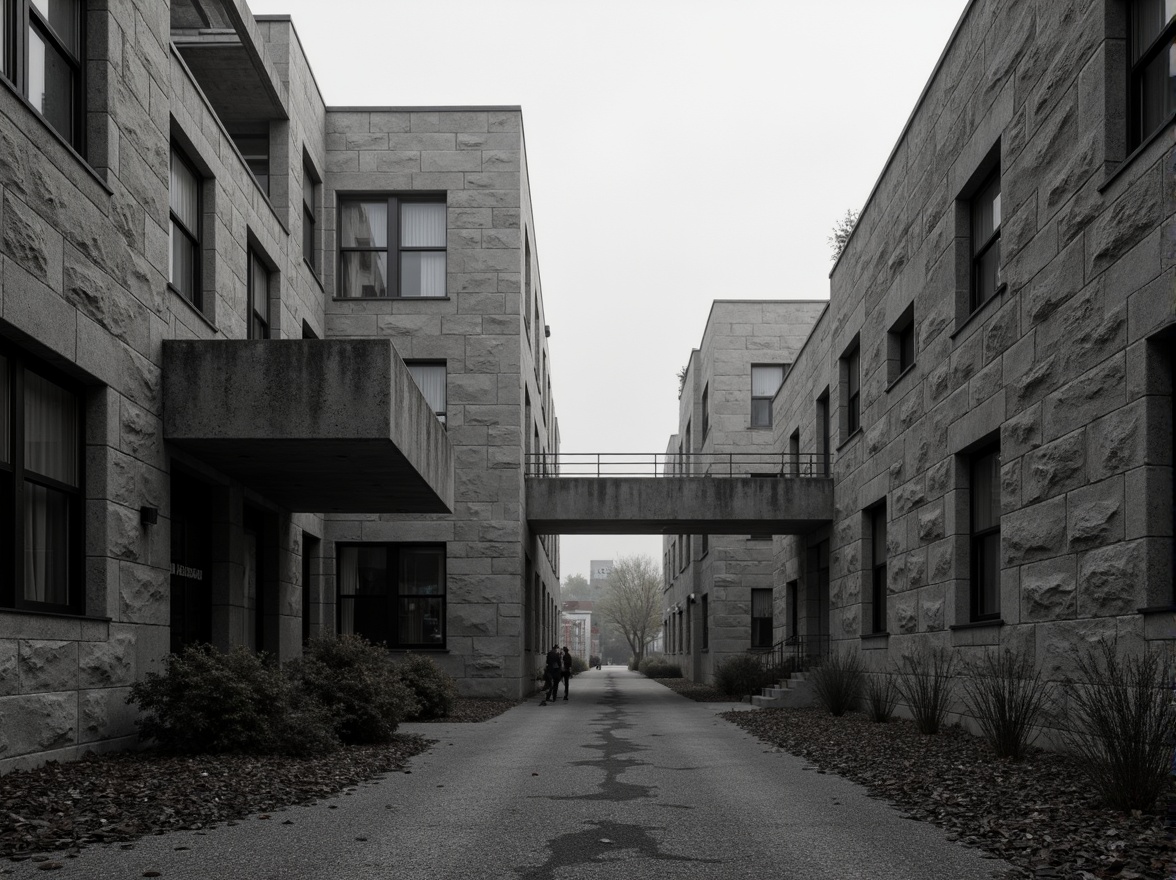 Prompt: Rough-hewn concrete walls, rugged stone facades, brutalist architecture, fortress-like buildings, monumental scale, imposing structure, geometric shapes, raw industrial materials, exposed ductwork, functional aesthetics, utilitarian design, cold monochromatic color palette, dramatic shadows, high-contrast lighting, stark atmospheric mood, cinematic composition, moody textures, gritty realistic rendering.