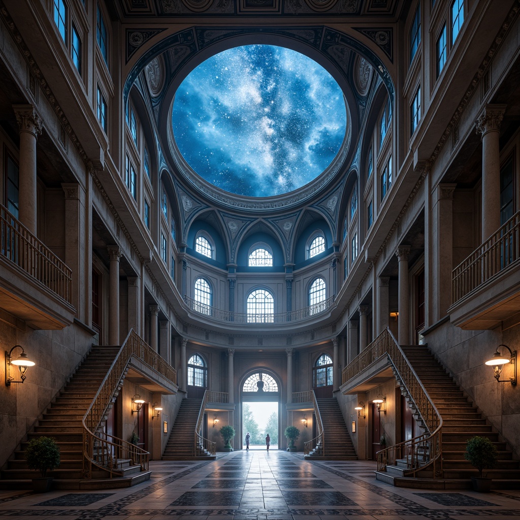 Prompt: Celestial planetarium dome, starry night sky, ornate Romanesque archways, grandiose entrance hall, sweeping staircases, intricate mosaics, ornamental columns, vaulted ceilings, stained glass windows, mystical ambiance, soft ethereal lighting, atmospheric fog effects, dramatic shadows, cinematic composition, symmetrical layout, 1/1 aspect ratio, high dynamic range, realistic reflections, ambient occlusion.