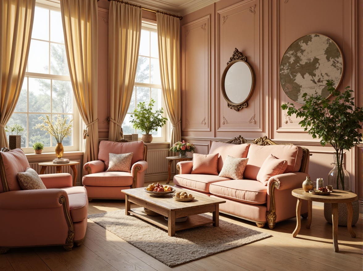 Prompt: Warm peach tones, soft pastel hues, creamy whites, rich gold accents, luxurious velvet fabrics, ornate wooden furniture, vintage decorative items, rustic distressed textures, whimsical floral patterns, delicate lace details, dreamy soft focus, shallow depth of field, 1/2 composition, natural warm lighting, inviting cozy atmosphere.