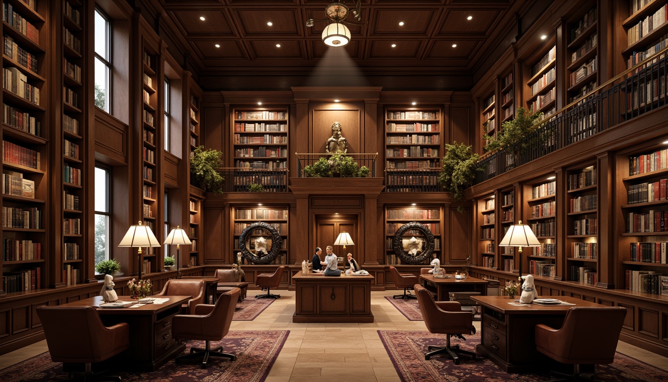 Prompt: Elegant academic library, rich wood paneling, comfortable leather armchairs, ornate wooden desks, vintage metal lamps, cinematic spotlights, classic film cameras, movie reels, nostalgic photographs, warm earthy tones, soft warm lighting, shallow depth of field, 1/1 composition, symmetrical framing, realistic textures, ambient occlusion.