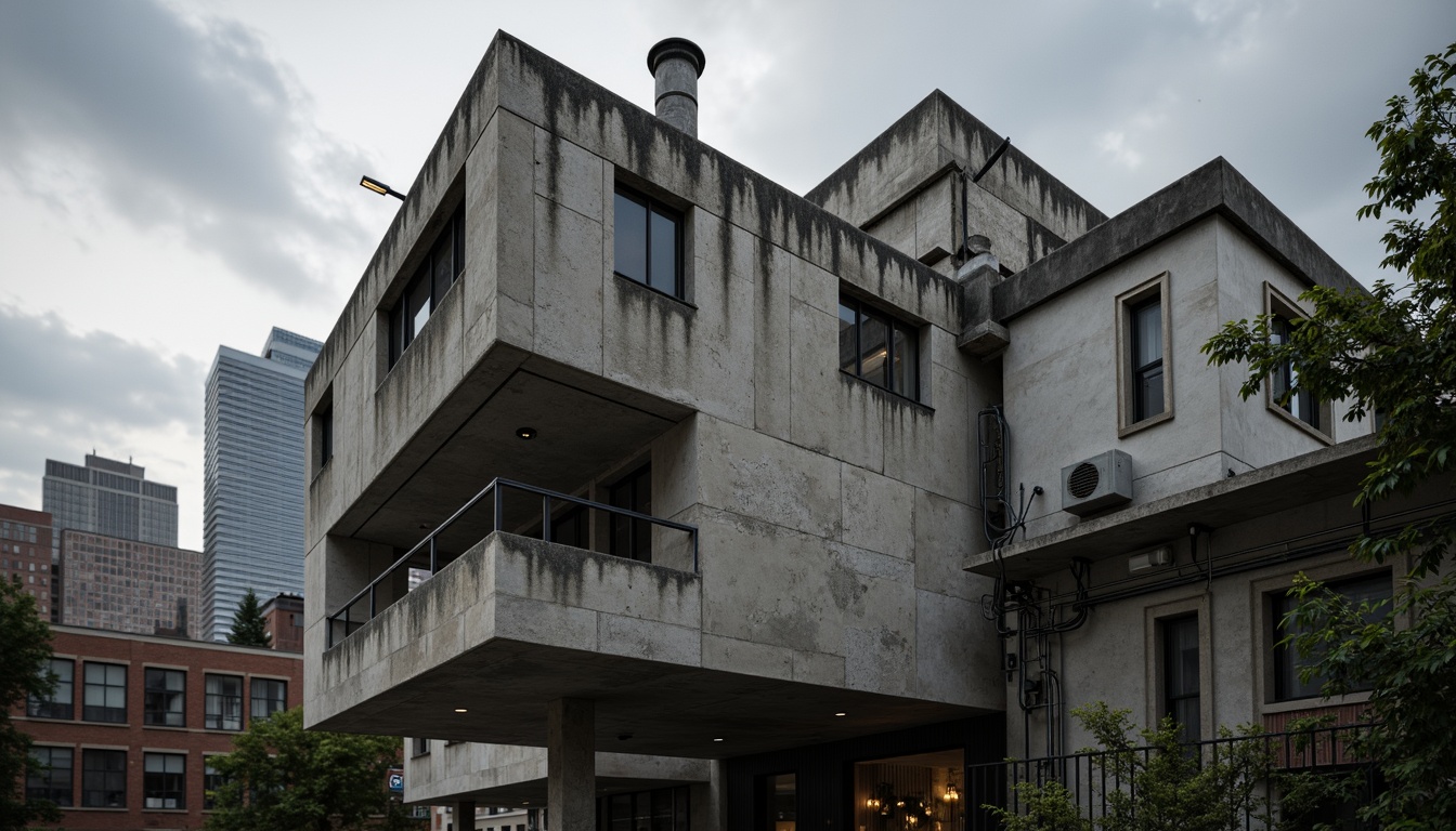 Prompt: Rugged brutalist building, raw concrete textures, exposed ductwork, industrial metal accents, bold geometric shapes, urban cityscape background, cloudy grey sky, dramatic shadow play, high-contrast lighting, cinematic composition, 2.35