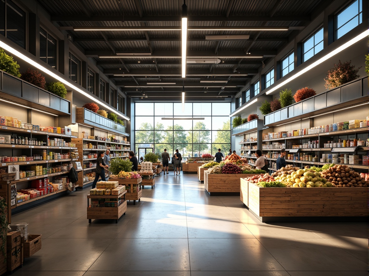 Prompt: Modern grocery store interior, high ceilings, polished concrete floors, abundant natural light, LED shelf lighting, colorful product displays, sleek metal shelving units, energy-efficient lighting systems, ambient warm glow, softbox lights, track lighting, suspended ceiling fixtures, minimalist decor, industrial-chic aesthetic, busy shopping atmosphere, afternoon sunlight, shallow depth of field, 1/2 composition, realistic textures, subtle reflections.