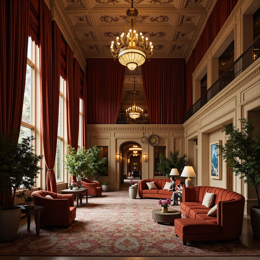 Prompt: Luxurious hotel lobby, ornate furnishings, rich velvet drapes, golden accents, intricate carvings, marble columns, grand chandeliers, Renaissance-inspired architectural details, lavish textiles, plush armchairs, elegant sofas, tufted upholstery, warm ambient lighting, soft focus, shallow depth of field, 1/1 composition, symmetrical framing, ornate metalwork, decorative tapestries, frescoed ceilings, opulent color palette, majestic staircases, refined wood accents.