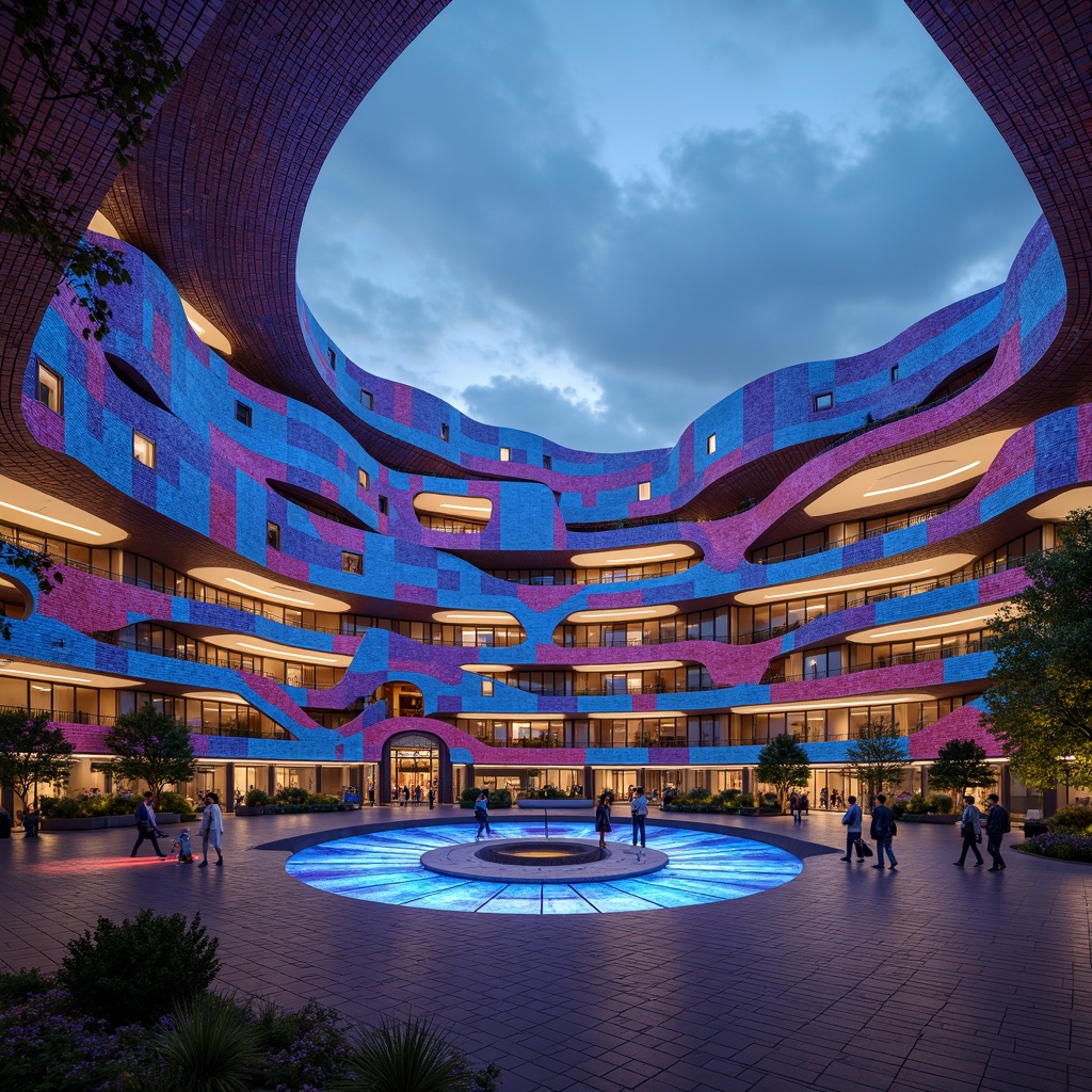 Prompt: Vibrant amphitheater, eclectic facade, abstract geometric patterns, iridescent tiles, LED light installations, undulating curves, cantilevered structures, dynamic staircases, futuristic materials, translucent canopies, atmospheric lighting, misty evenings, shallow depth of field, 1/2 composition, wide-angle lens, cinematic color grading, realistic reflections.