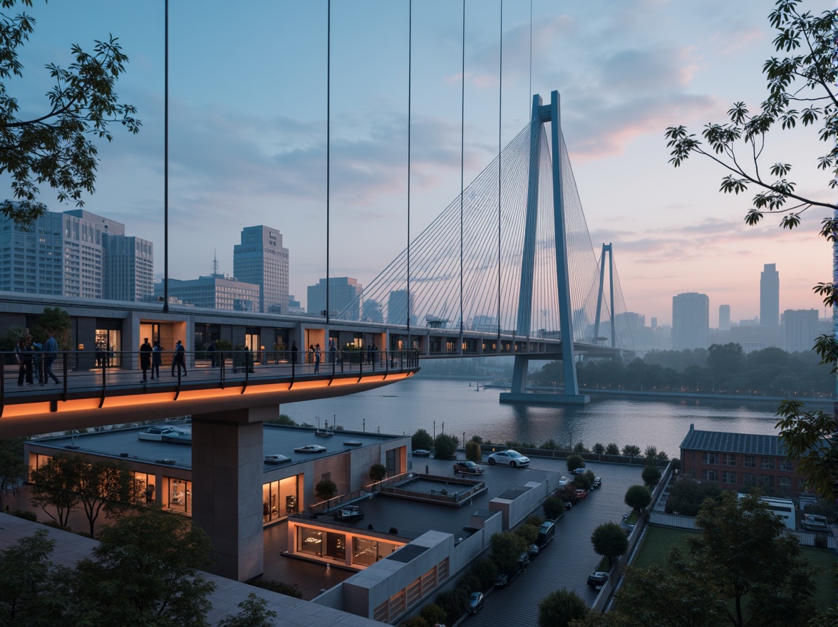 Prompt: Futuristic bridge design, sleek suspension cables, durable steel beams, innovative concrete mixes, vibrant LED lighting, modern architectural lines, curved walkways, glass railings, urban cityscape, misty morning atmosphere, soft warm glow, shallow depth of field, 3/4 composition, panoramic view, realistic textures, ambient occlusion.