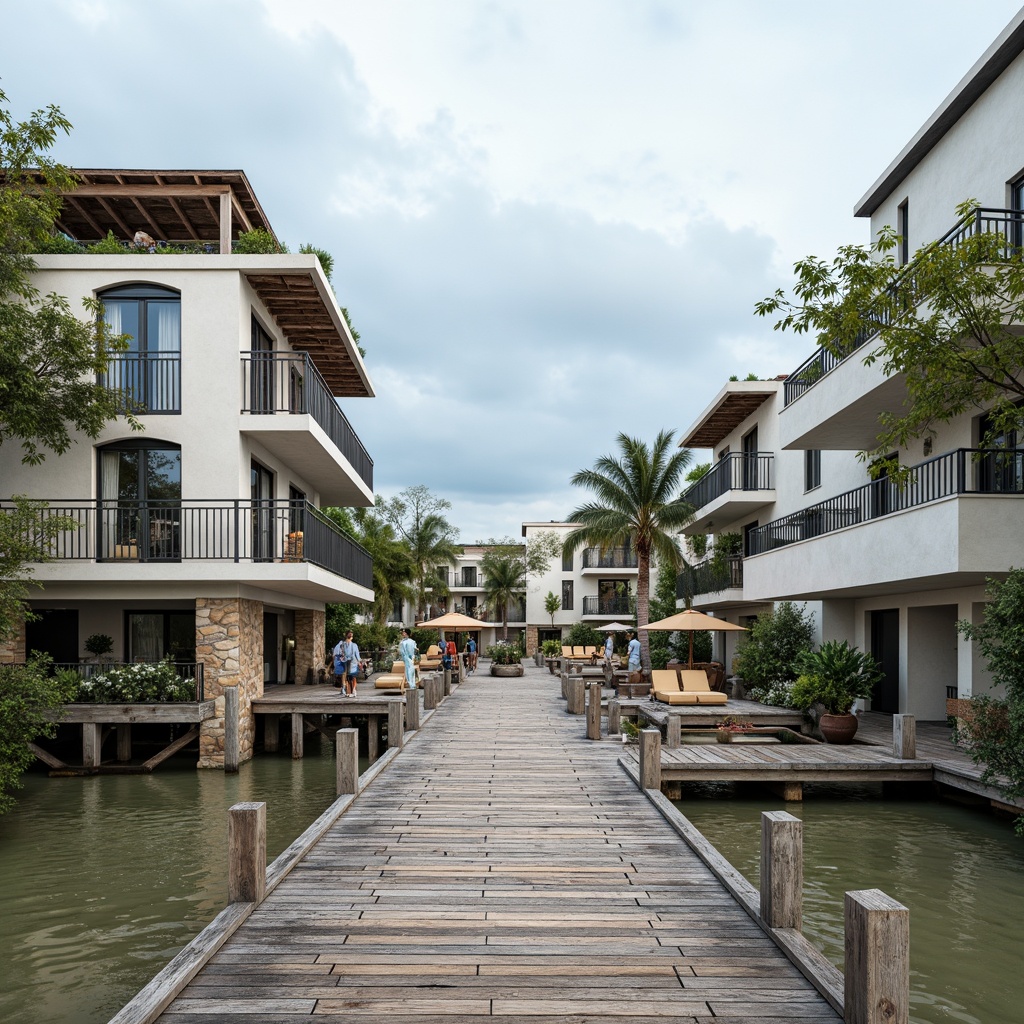 Prompt: Weathered wooden docks, rustic beachside charm, soft serene blues, creamy whites, warm sandy neutrals, distressed wood textures, natural stone foundations, classic columns, ornate balconies, subtle nautical accents, elegant arched windows, rustic metal lanterns, lush greenery, overcast skies, gentle ocean breeze, soft warm lighting, shallow depth of field, 1/1 composition, realistic weathering effects.