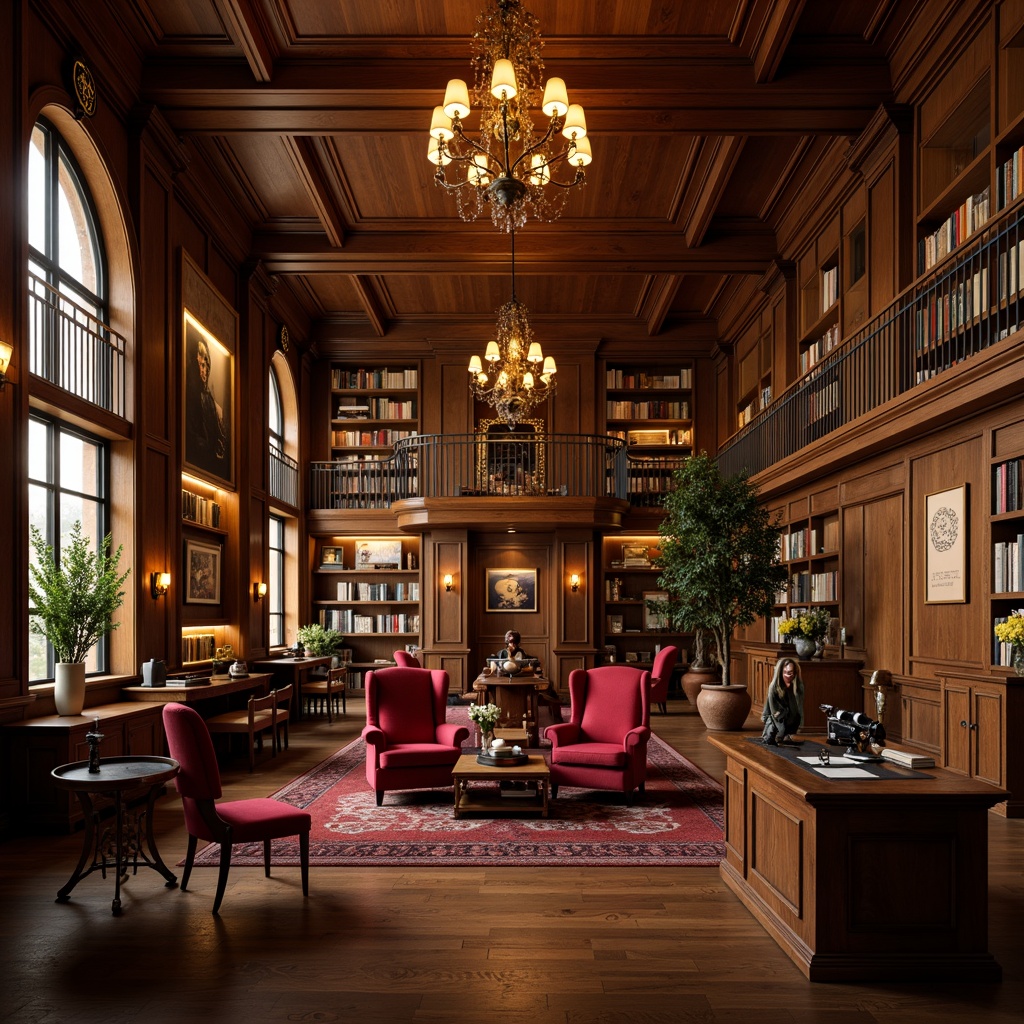 Prompt: Elegant academic library, rich wood paneling, comfortable reading nooks, cinematic lighting, grand chandeliers, plush red armchairs, ornate wooden desks, vintage film cameras, classic movie posters, cozy atmosphere, warm golden tones, soft focus, shallow depth of field, 1/2 composition, realistic textures, ambient occlusion.