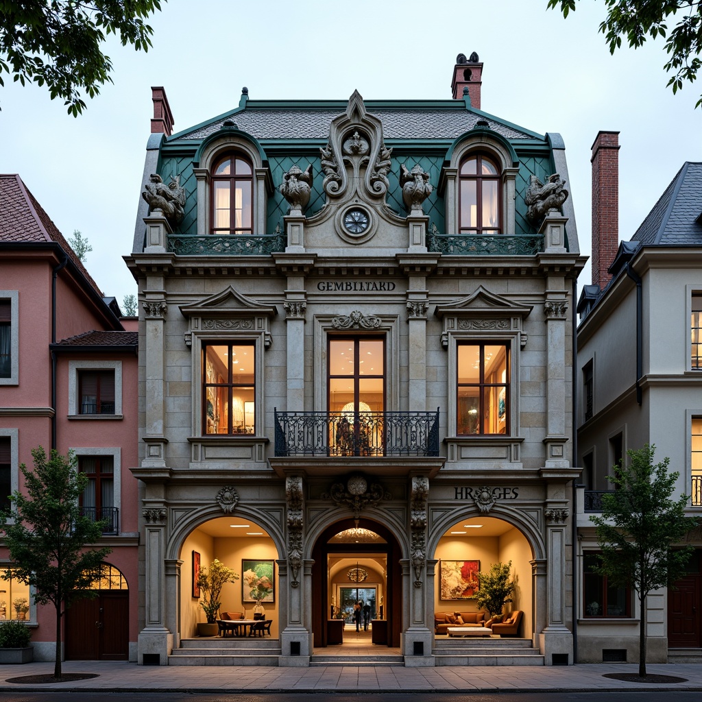 Prompt: Ornate bank building, Renaissance style architecture, grandiose entrance, intricately carved stonework, rusticated base, ornamental roof tiling, curved dormer windows, decorative chimneys, symmetrical fa\u00e7ade, majestic clock tower, weathered copper roofing, ornate gargoyles, Gothic-inspired tracery, vibrant colored glass, stained glass windows, subtle warm lighting, dramatic shadowing, 1/2 composition, shallow depth of field, realistic textures, ambient occlusion.