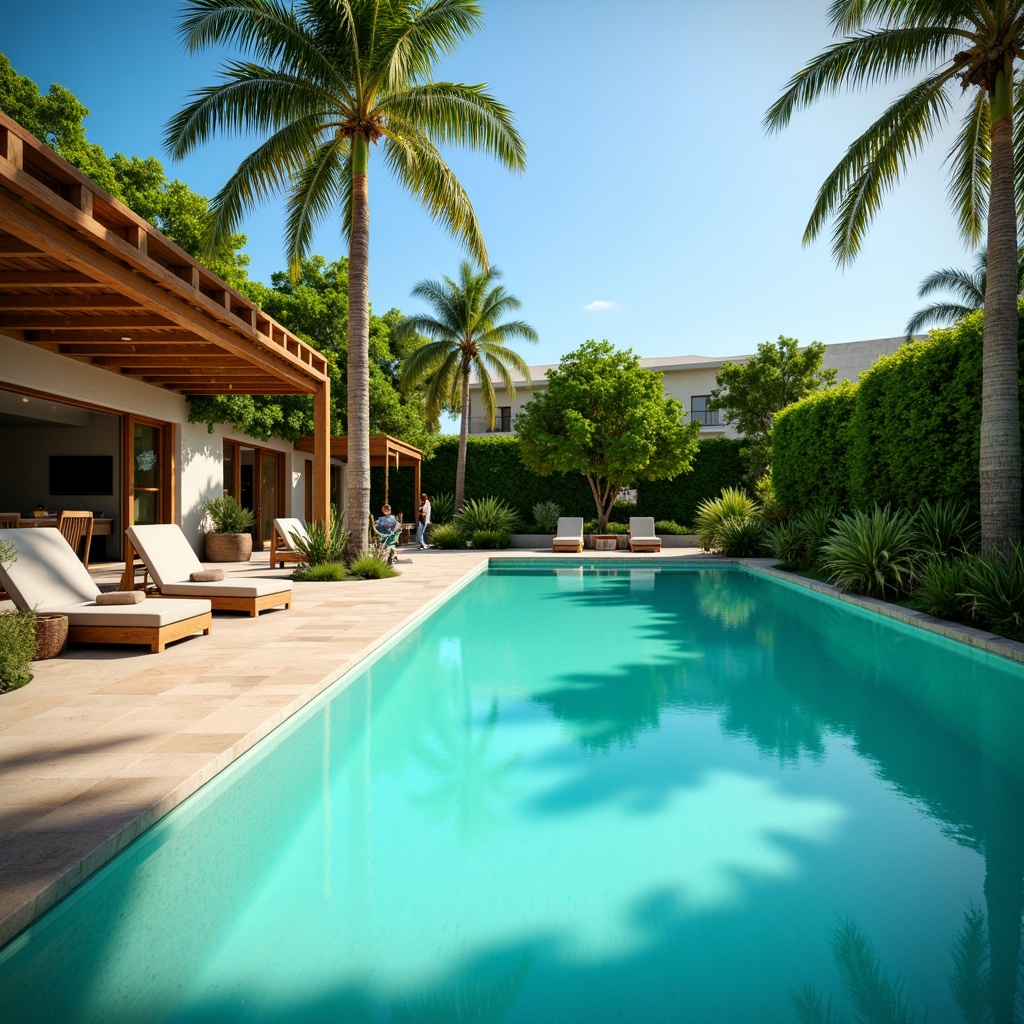 Prompt: Vibrant turquoise water, surrounding lush greenery, natural stone coping, sleek modern pool deck, sun-kissed loungers, tropical palm trees, warm sunny day, soft focus effect, shallow depth of field, 3/4 composition, realistic textures, ambient occlusion.