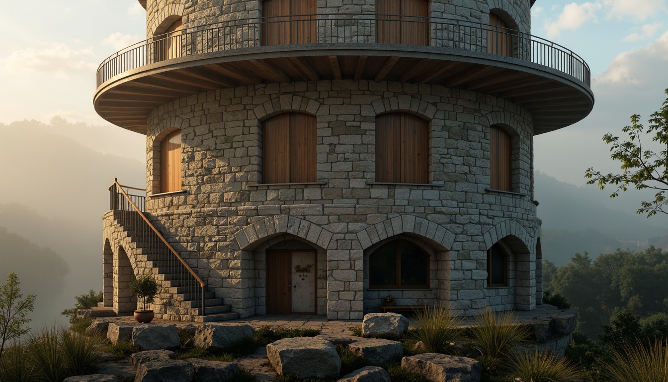 Prompt: Rustic watchtower, stone walls, wooden beams, metal reinforcements, narrow windows, steep staircases, cylindrical shape, rugged stone foundation, overhanging roofs, wooden parapets, majestic arches, gothic-inspired architecture, misty morning, soft golden lighting, dramatic shadows, 1/2 composition, atmospheric perspective, realistic textures, ambient occlusion.