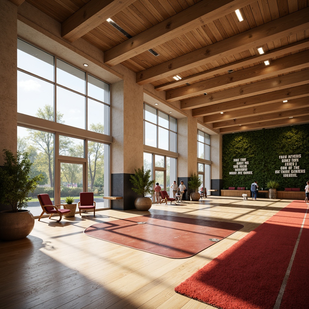 Prompt: Cozy gymnasium interior, soft warm lighting, wooden flooring, sound-absorbing acoustic panels, vibrant colorful textiles, plush athletic equipment, ergonomic seating areas, natural ventilation systems, calming greenery walls, minimalist design, functional storage spaces, motivational quotes, large windows, transparent glass doors, outdoor views, refreshing misting systems, ambient temperature control, 3/4 composition, realistic textures, shallow depth of field.