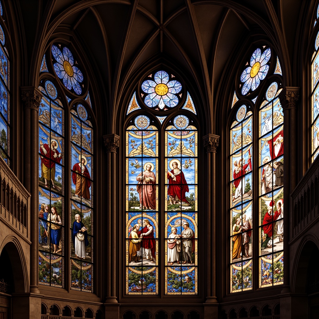 Prompt: Vibrant stained glass windows, intricate medieval designs, rich colors, ornate patterns, Christian symbolism, grand cathedrals, soaring vaulted ceilings, ribbed arches, flying buttresses, ornate stone carvings, mystical ambiance, soft diffused light, warm color palette, dramatic shadows, historic landmarks, sacred atmospheres, 1/1 composition, high-angle shot, realistic textures, ambient occlusion.