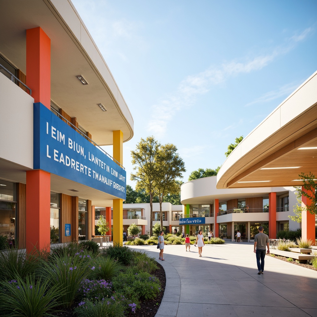 Prompt: Vibrant modern school building, sleek curved lines, minimalist fa\u00e7ade, large windows, natural light-filled classrooms, polished concrete floors, bold accent walls, calming pastel colors, soft cream tones, rich wood textures, metallic accents, dynamic LED lighting, playful geometric patterns, inspiring quotes, collaborative learning spaces, comfortable seating areas, lush green roofs, serene outdoor courtyards, sunny day, soft warm lighting, shallow depth of field, 3/4 composition, realistic textures, ambient occlusion.