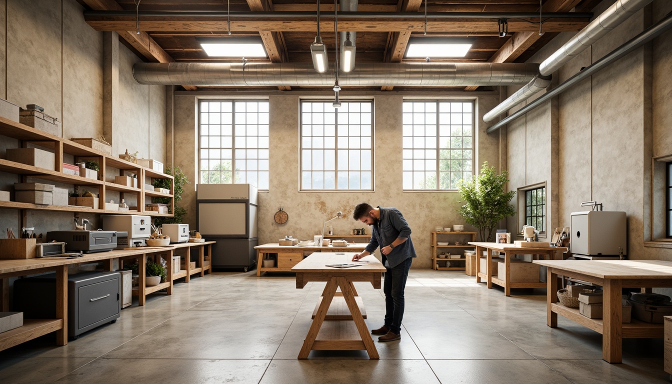 Prompt: Industrial workshop, minimal decor, concrete floors, metal beams, wooden workbenches, natural lighting, large skylights, overhead windows, soft diffused light, warm beige tones, industrial chic style, functional simplicity, modern machinery, 3D printers, laser cutters, hand tools, raw materials, exposed ductwork, urban loft atmosphere, high ceilings, open space, airy feel, shallow depth of field, 1/1 composition, realistic textures, ambient occlusion.