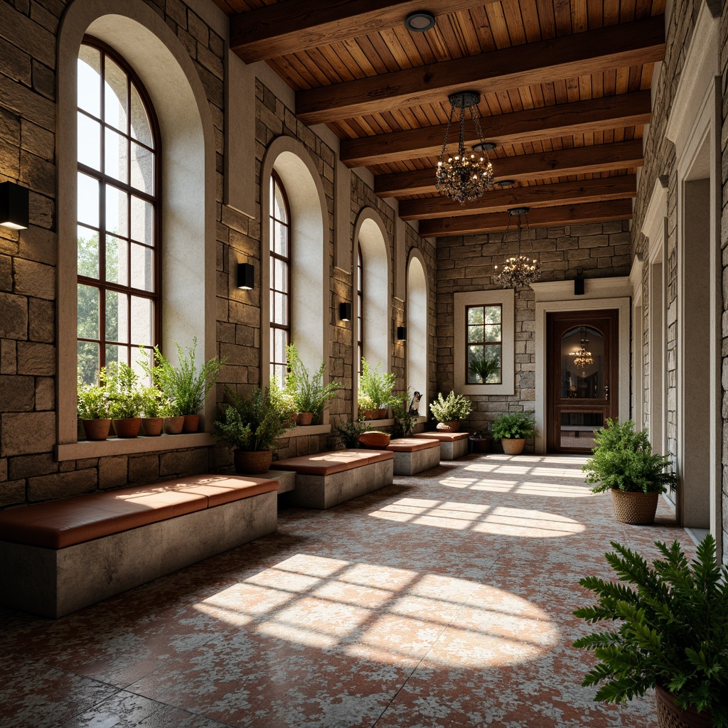 Prompt: Rustic stone walls, weathered wooden planks, distressed metal sheets, ornate tile patterns, intricate mosaics, rough-hewn granite columns, smooth marble floors, glossy glass facades, vibrant color accents, natural light pouring, warm atmospheric ambiance, shallow depth of field, 3/4 composition, panoramic view, realistic textures, ambient occlusion.